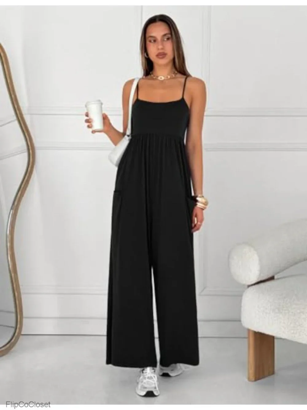 Wide Leg Jumpsuit with Pockets, Sleeveless Square Neck Romper, Summer Vacation